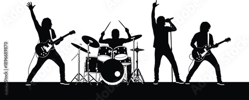 Rock band musician silhouettes set featuring guitarist drummer and singer performing live on stage isolated on white for music concert and poster design