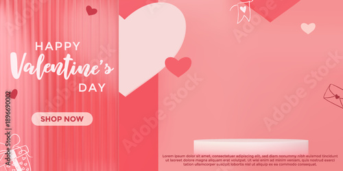 Valentine's Day background in pink color with reeded glass. Abstract vector scene with 3D elements for Valentine's Day and Women's Day promotion