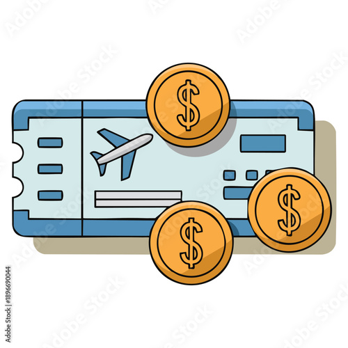 Concept of travel expenses illustration showing airplane ticket surrounded by dollar coins representing cost planning budget management airfare payment and tourism finance themes