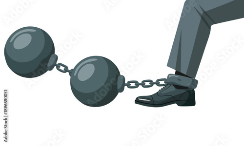 Conceptual vector illustration showing businessman legs tied to iron balls symbolizing restriction pressure and obstacles in professional life
