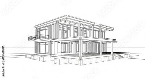 Architectural wireframe drawing of a contemporary modern house concept, illustrating innovative residential design and structural elements