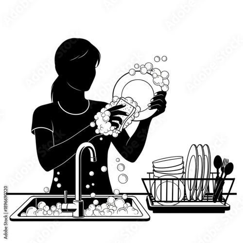 Woman washing dishes in kitchen sink isolated on transparent background.