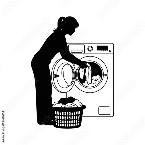 Woman putting clothes in washing machine isolated on transparent background.