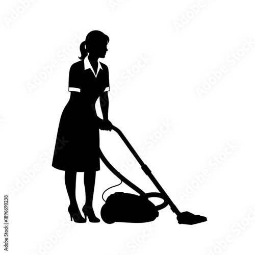 Silhouette of woman using vacuum cleaner isolated on transparent background.