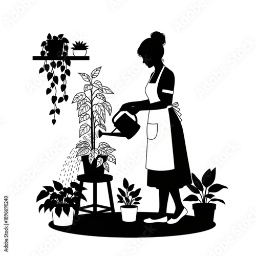 Woman watering houseplants with a pot isolated on transparent background.