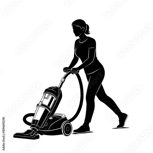 Woman pushing vacuum cleaner indoors isolated on transparent background.
