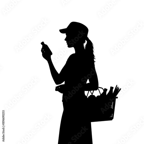 Woman holding basket and smartphone device isolated on transparent background.