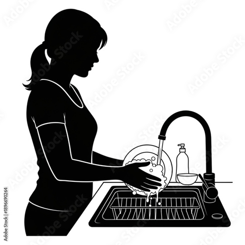 Woman washing a plate in sink isolated on transparent background.