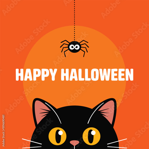 Cute cartoon character happy Halloween design with black cat face silhouette looking up to hanging dash line web spider insect vector illustration