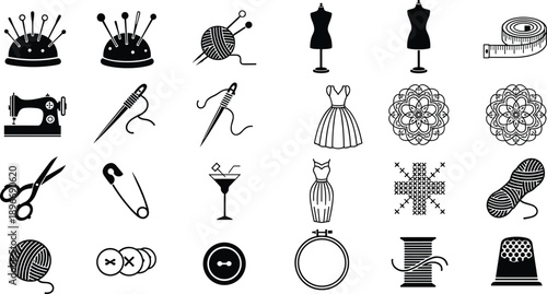 Sewing and tailoring icon silhouette set with needles, thread, dress forms and craft tools, handmade fashion symbols isolated on white background vector illustration