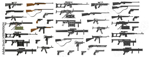Set of military weapon and firearm silhouettes isolated  combat rifle icons collection white