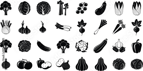 Vegetable silhouettes collection featuring fresh organic garden produce icons including broccoli cabbage carrot tomato and 