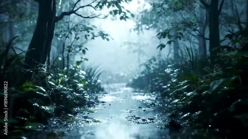 Rainy path Trees flank a blurred path, rain falling through the mist, wet leaves visible up close
