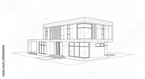 Architectural line art blueprint sketch of a contemporary minimalist two-story detached house design on a clean white background