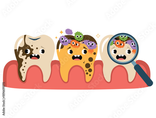 Dirty and smelly teeth cartoon character concept vector illustration on white background magnifying glass examine teeth dental hygiene awareness
