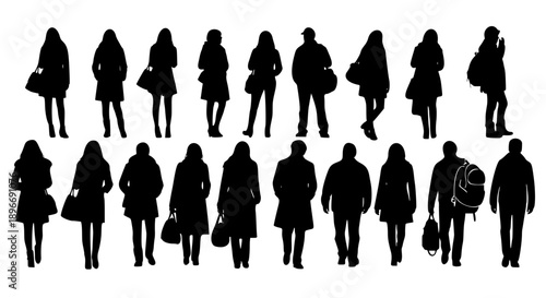 Vector silhouettes man and women, illustration. Silhouettes of people posing in warm winter clothes. Transparent SVG version.