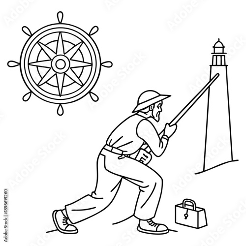 Man holding a sword and a broom cartoon vector illustration of people