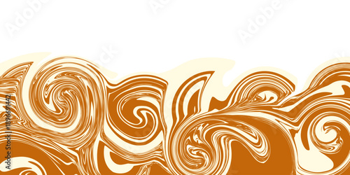 Swirl Caramel Pattern. Vector Background with Abstract Peanut Butter Texture. Chocolate Milk Sauce Border. Wave Melt Toffee Pattern. Drip Liquid Salted Caramel Bg.