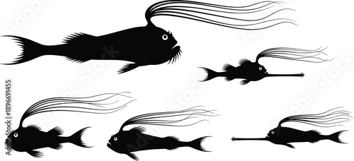 Anglerfish silhouettes collection showing deep sea marine predators, bioluminescent fantasy fish illustrations isolated on white background vector art design