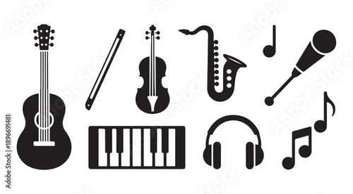 Set of black musical instruments vector illustration. isolated music instrument icons on white background