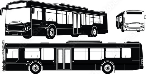 City Public Transport Vector Illustration Set Featuring Black and White Modern Transit Bus Icons from Side and Perspective Views for Urban Commuter Design