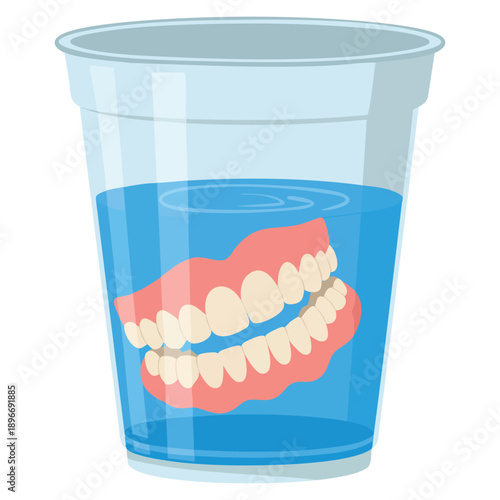 False teeth in water glass vector illustration on white background dentures dental prosthetic healthcare and oral care awareness design