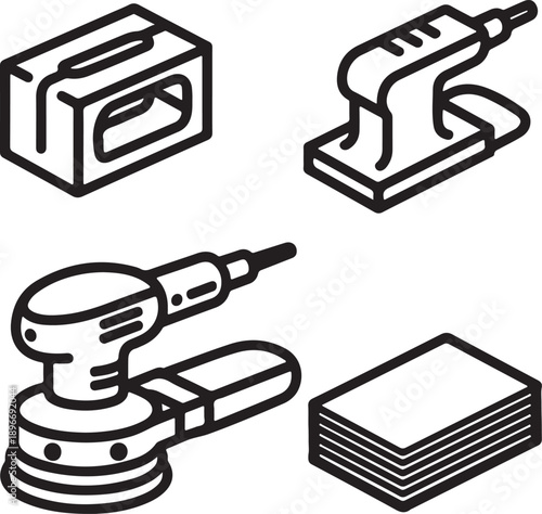 Black and white line drawing of various power tools and sandpaper