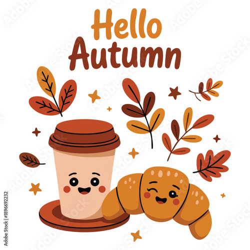 Flat cartoon Hello Autumn illustration showing cute coffee cup croissant and autumn elements ideal for seasonal greeting cards posters and sticker designs