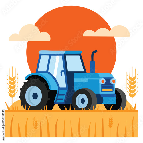 Flat cartoon vector illustration of blue tractor on orange farmland with wheat sunset background representing agriculture rural machinery for banner poster postcard design