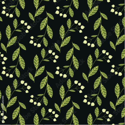 Seamless Hand Drawn Leaf Pattern on Dark Background
