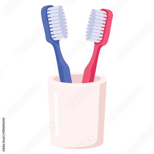 Flat clipart vector illustration of toothbrushes in glass suitable for oral hygiene dental care bathroom interior background designs and healthcare themed creative projects