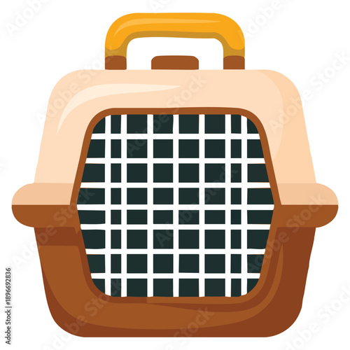 Flat design icon of pet carrier box with metal door for cat or dog transportation featuring long shadow ideal for veterinary pet travel and animal safety visuals