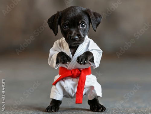 Black puppy wearing a white gi and red belt, posed in a serious martial arts stance, looking ahead with wide eyes