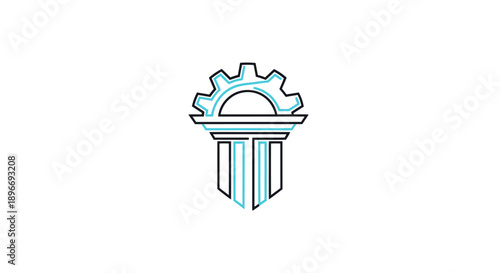 A stylized icon depicts a gear atop a column with blue and black outlines on a white background
