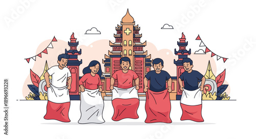 Illustration showing a sack race with five people in front of a building and decorative elements