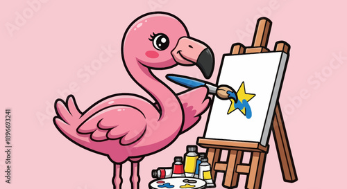 A pink flamingo paints a star on a canvas using a brush. Various art supplies are present