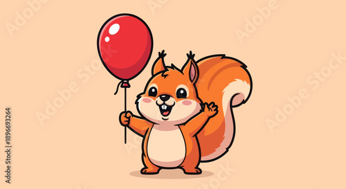 A cheerful, cartoon squirrel with orange fur holds a red balloon. It has a fluffy tail and smiles