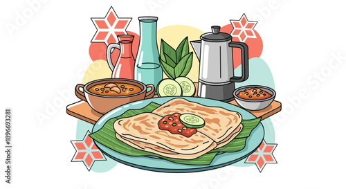 Cartoon illustration of Southeast Asian breakfast with roti, curry, and condiments