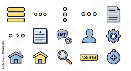 A collection of colorful, simple icons for various UI actions, including menus, lists, and user functions