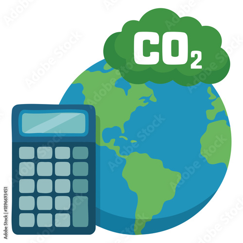 Flat illustration of earth globe and calculator next to green cloud with CO2 symbol representing environmental calculations climate impact sustainability and eco awareness concepts