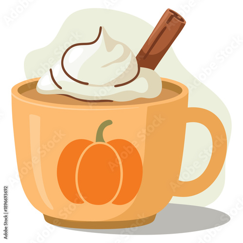 Flat style cozy autumn vector illustration featuring pumpkin spice latte mug whipped cream cinnamon stick isolated on white background seasonal drink design