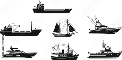 Marine vessel silhouette collection featuring cargo ships, fishing boats, sailboats and luxury yachts isolated on white background for nautical design use