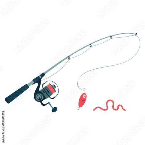Flat style vector illustration showing fishing rod with worms on a transparent background perfect for fishing items sport hobby bait tools and outdoor lifestyle design projects