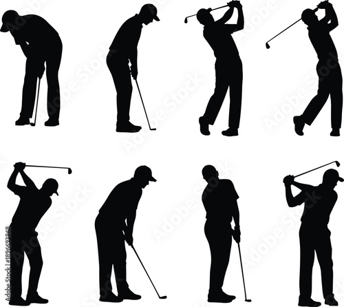 Golf player silhouettes showing swing, putting, and driving poses, professional golfer action sequence vector illustration isolated on white