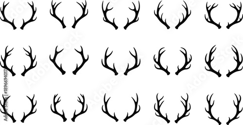 Deer antlers silhouette set in flat monochrome style, wildlife horn icons collection for hunting, nature branding and rustic design