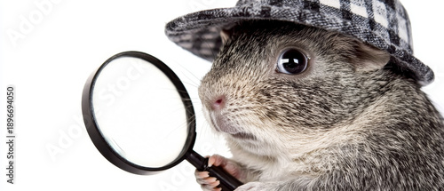 Close-up of a guinea pig wearing a checkered hat, holding a magnifying glass, looking intently on a white background