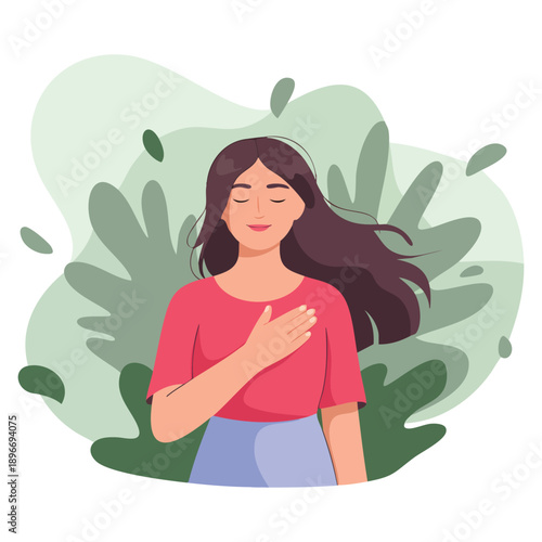 Flat vector illustration isolated on white background showing mental health concept with young girl practicing breathing exercise focusing on care awareness mindfulness and meditation