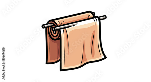 Stylized illustration of a towel rack with a rolled towel and a hanging one, isolated