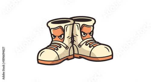 Cartoon illustration of two light tan boots with orange accents, and angry eyes