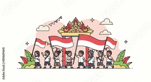 Cartoon illustration of children marching with Indonesian flags and traditional gateway